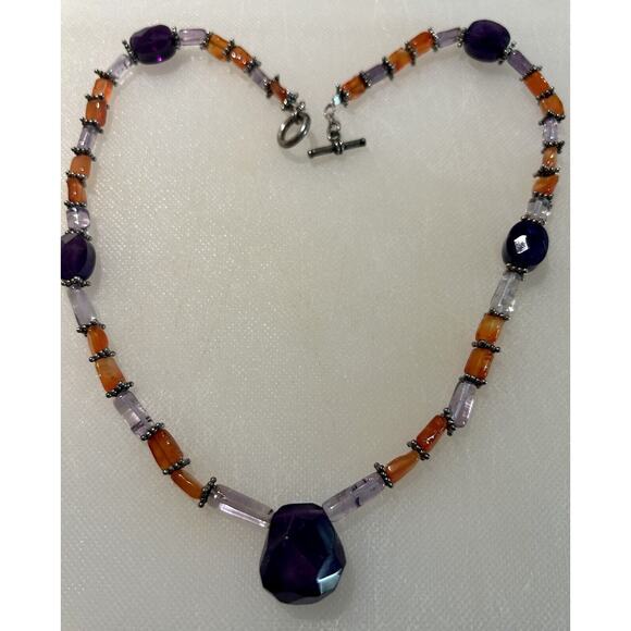 Gemstone Necklace Faceted Amethyst And Garnet Or Tourmaline‎ Toggle Sterling - Picture 1 of 8